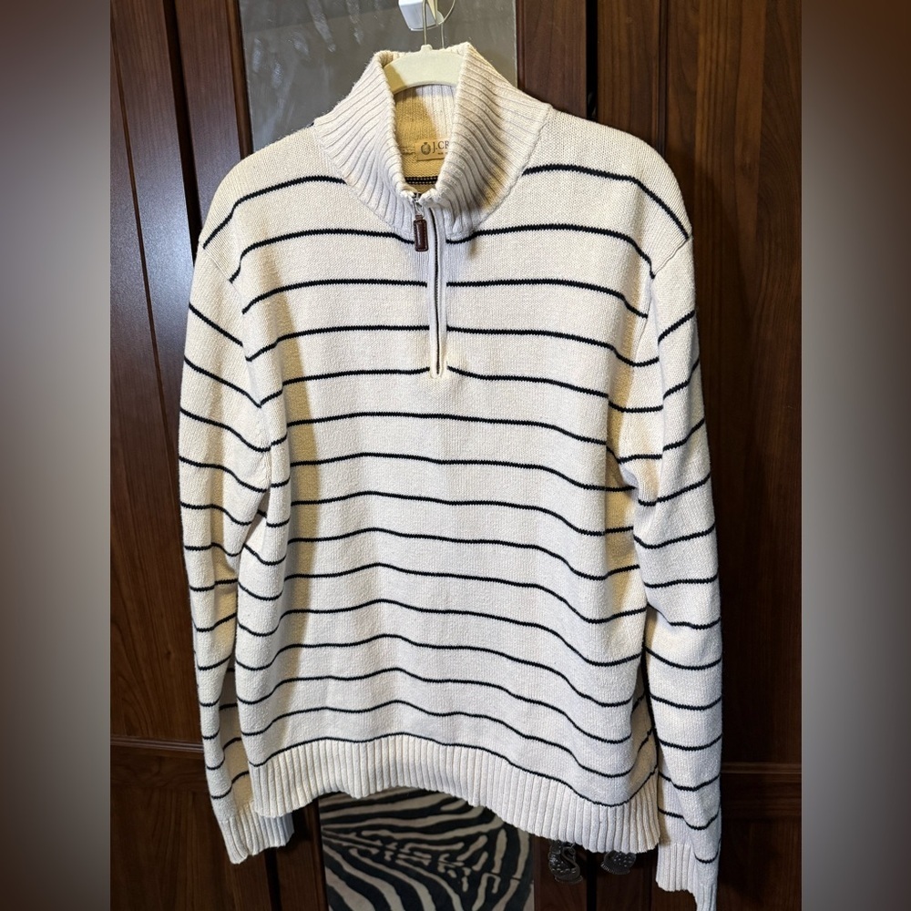 J. Crew Men's Cream and Black Striped Heritage Zip-Up Sweater size Large - Picture 2 of 9